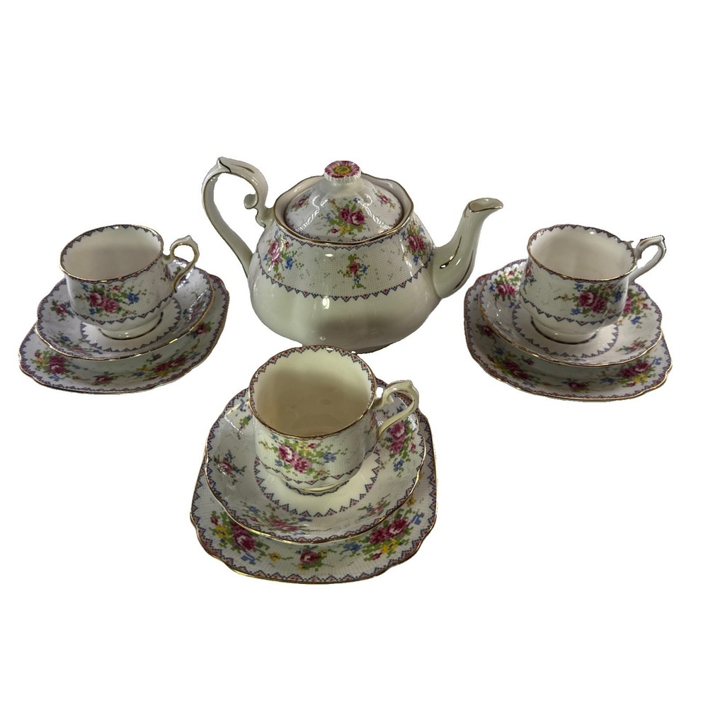 Vintage Royal Albert "Petit Point" Teapot & 3-Person Tea Service Trio Set - 11pc